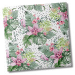 Azulejo De Cerâmica Palma Floral Aquarela Padrão Tropical Botânica<br><div class="desc">Um design tropical que abraça a beleza tranquila da natureza misturada com uma aresta lúdica. Uma mistura de folhas tropicais verdes calmantes, incluindo folhas de bananeira, palmas, folhas de monstera e plantas de princesa rosa, ao lado de flores de orquídeas roxas cor-de-roxo e flores de proteína, interligadas com várias outras...</div>