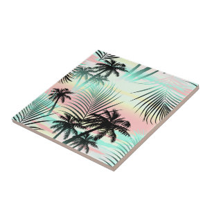 Azulejo De Cerâmica Palmas pretas no pôr do sol