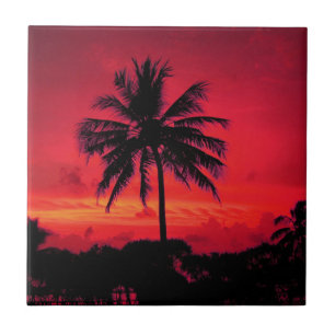 Azulejo De Cerâmica Palmeiras exóticas do por do sol havaiano vermelh