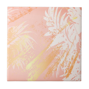 Azulejo De Cerâmica Palmeiras tropicais folhas rosa douradas, rosadas