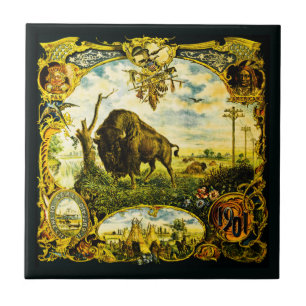 Azulejo De Cerâmica Pan Am Expo com Motivos de Bisonho e Nativos Ameri
