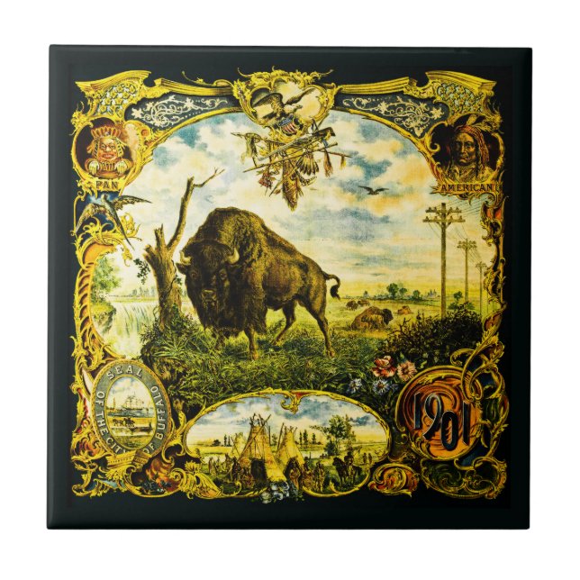 Azulejo De Cerâmica Pan Am Expo com Motivos de Bisonho e Nativos Ameri (Frente)
