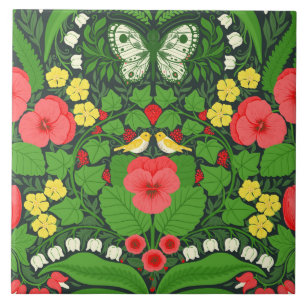 Azulejo De Cerâmica Pancas, aves e borboletas vermelhas