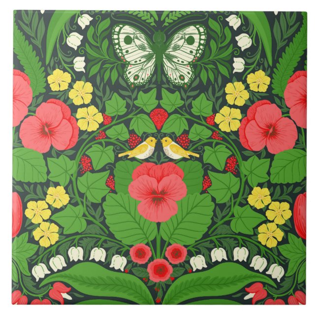 Azulejo De Cerâmica Pancas, aves e borboletas vermelhas (Frente)