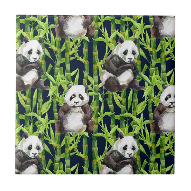 Azulejo De Cerâmica Panda Com Padrão De Aquarela De Bambu (Frente)