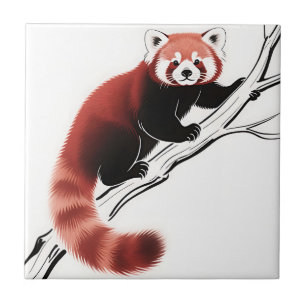 Azulejo De Cerâmica Panda Vermelho Empoleirado no Galho