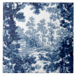 Azulejo De Cerâmica Panorama de algodão da Vintage - Azul e Branco<br><div class="desc">Padrão clássico da paisagem da safra toile de jouy,  com cottage rústica e ponte numa clareira enquadrada por um pomar de árvores em tons de azul-claro e azul-escuro sobre fundo branco. O padrão é perfeito e pode ser dimensionado para cima ou para baixo.</div>