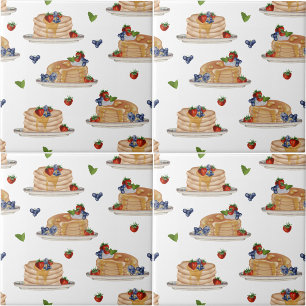 Azulejo De Cerâmica Panquecas Aquarela Frutas Vermelhas Café da Manhã 