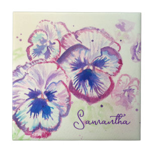 Azulejo De Cerâmica Pansies Roxas de Aquarela Arte Floral Design