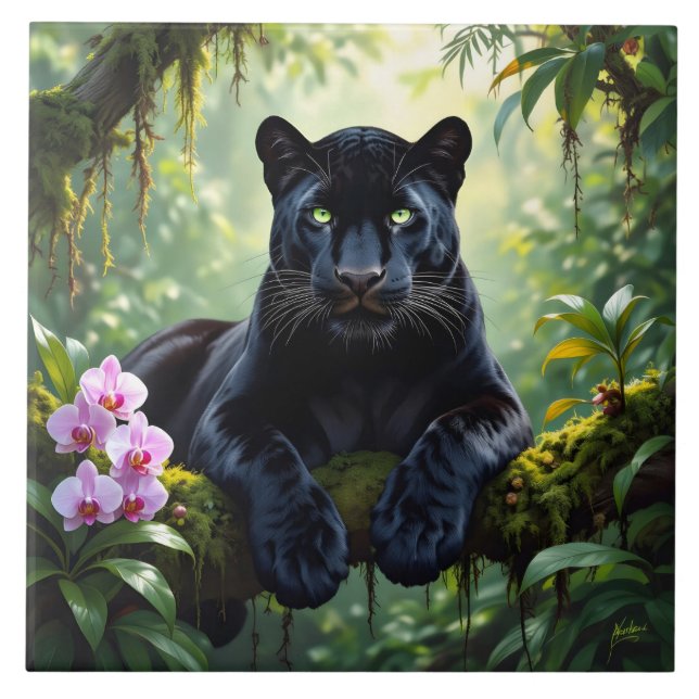 Azulejo De Cerâmica Pantera Negra na Selva (Frente)