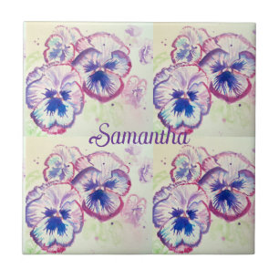Azulejo De Cerâmica Panteras Pansy Flores Púrpuras Nome Floral de Aqua