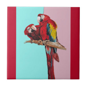 Azulejo De Cerâmica Papagaio Aquarela Rosa Amarelo Bebê Azul Arara
