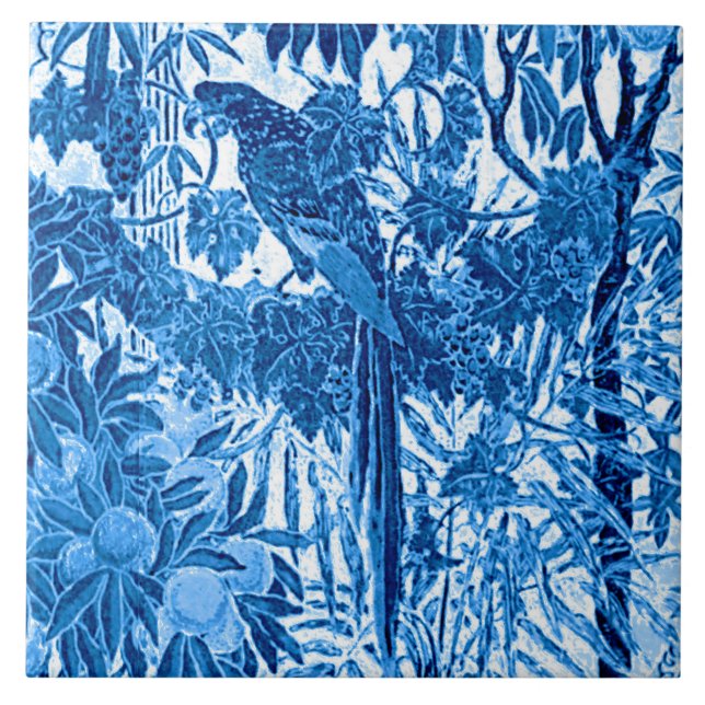 Azulejo De Cerâmica Papagaio em um Prédio da Selva, Azul Indigo e Bran (Frente)
