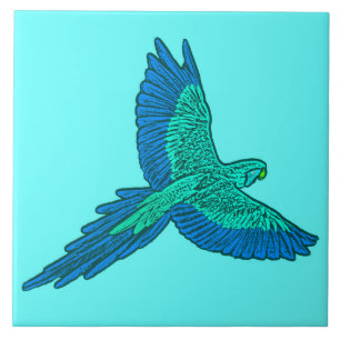 Azulejo De Cerâmica Papagaio em Voo, Azul Água e Cobalto