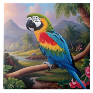 Azulejo De Cerâmica Papagaio exótico colorido no galho