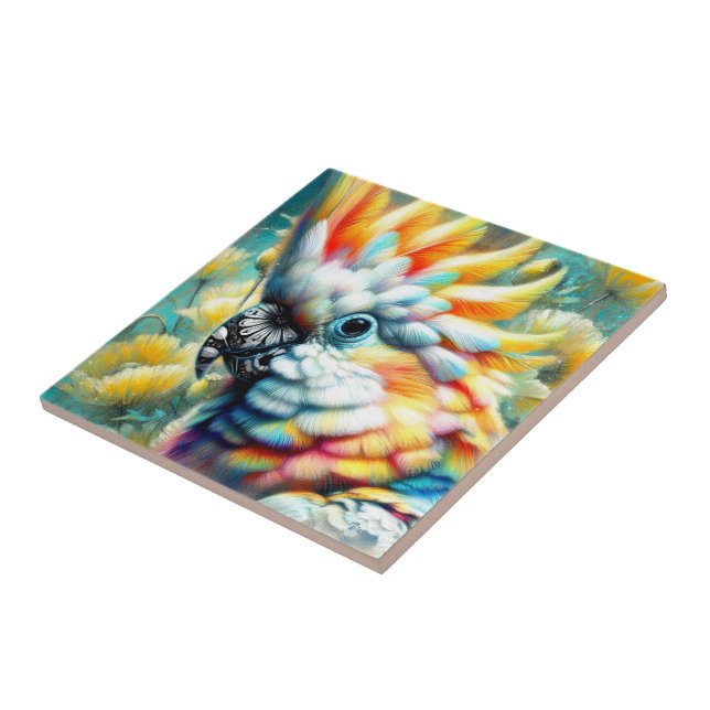 Azulejo De Cerâmica Papagaios Amarelos de Aves Cockatoas Floral (Lateral)