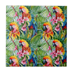 Azulejo De Cerâmica Papagaios de cor clara e flores tropicais