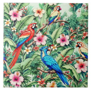 Azulejo De Cerâmica Papagaios Tropicais e Hibiscos na Selva