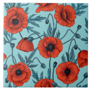 Azulejo De Cerâmica Papagaios, vermelhos e azuis em azul-piscina