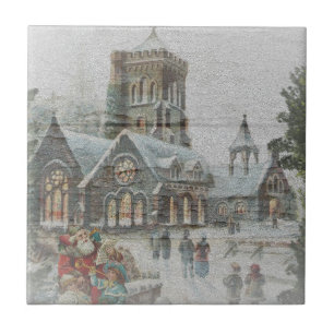 Azulejo De Cerâmica Papai Noel antigo com crianças em frente a uma igr