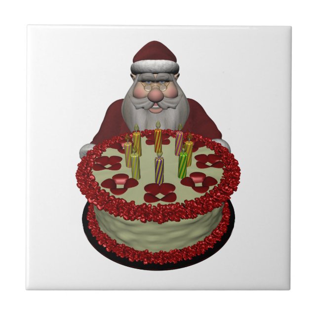 Azulejo De Cerâmica Papai Noel com Bolo de Aniversário (Frente)