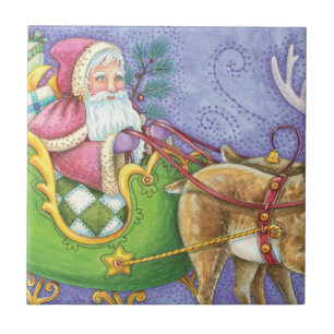 Azulejo De Cerâmica Papai Noel de desenho animado fofo de Natal trenó