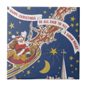 Azulejo De Cerâmica Papai Noel de Natal Antigo com Rena Voando