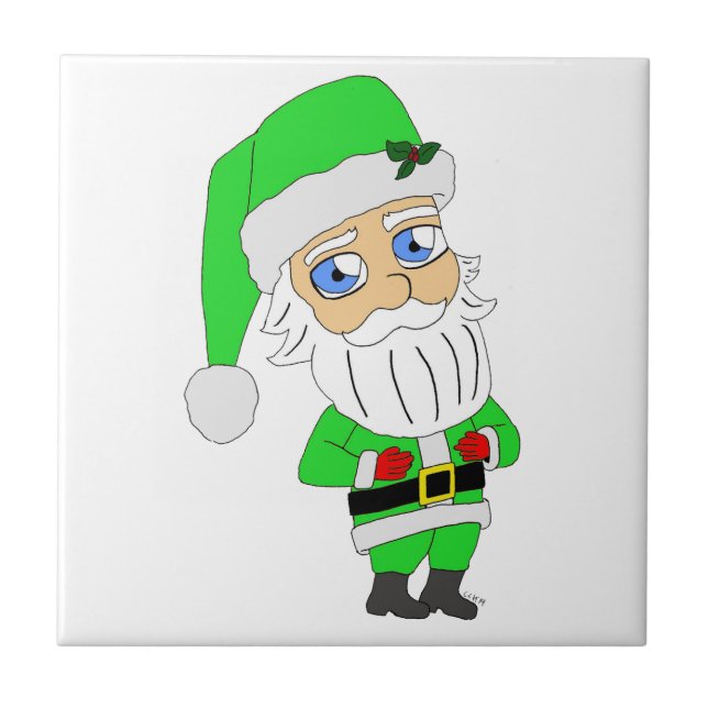 Azulejo De Cerâmica Papai Noel de terno verde chibi (Frente)
