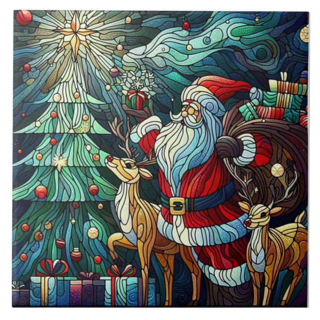 Azulejo De Cerâmica Papai Noel e Sua Rebelde Brincando Presentes (Frente)
