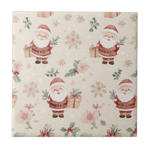 Azulejo De Cerâmica Papai Noel em Aquarela Rosa Natal com Flocos de Ne