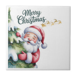 Azulejo De Cerâmica Papai Noel Engraçado e Fofo com Árvore e Tipografi
