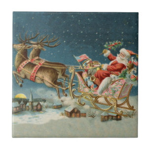 Azulejo De Cerâmica Papai Noel Natal Trenó Antigo Rena