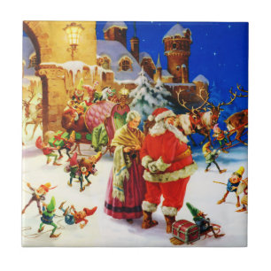 Azulejo De Cerâmica Papai noel & Sra. Claus na Noite de Natal do Pólo