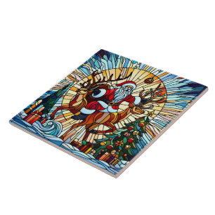 Azulejo De Cerâmica Papais noeis cavalgando renas entre árvores festiv