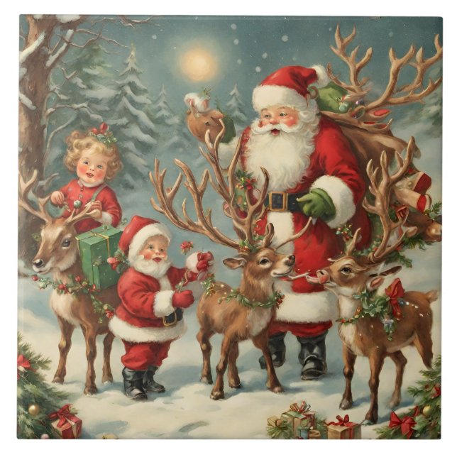 Azulejo De Cerâmica Papais noeis com crianças, renas e presentes (Frente)