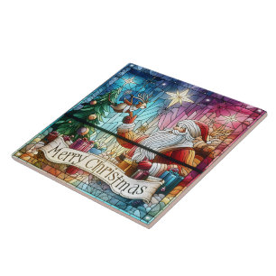 Azulejo De Cerâmica Papais noeis com presentes e renas