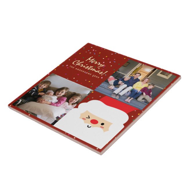 Azulejo De Cerâmica Papais noeis de Natal Rustic Red & Dourados e Foto (Lateral)