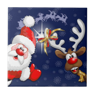 Azulejo De Cerâmica Papais noeis e Reindeer Feliz Christmass Happy Car