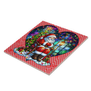 Azulejo De Cerâmica Papais noeis relaxando na árvore de Natal à noite