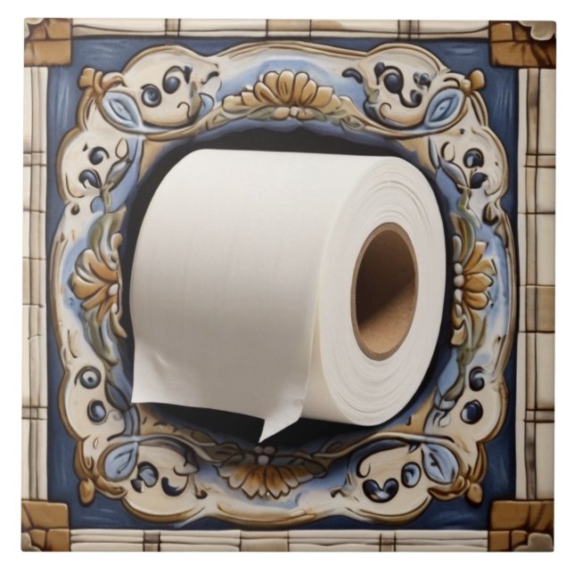 Azulejo De Cerâmica Papel Azul Branco e Dourado Papel de Banheiro Rolh (Frente)