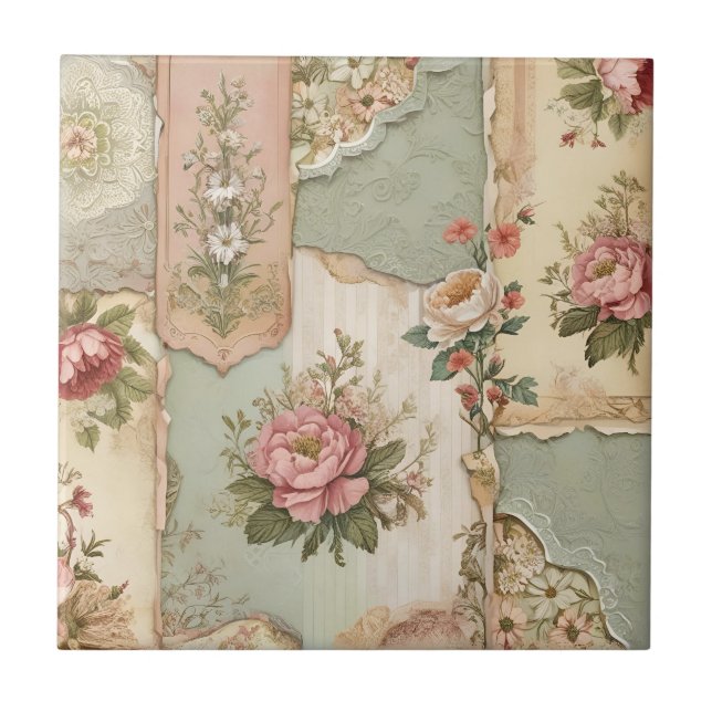 Azulejo De Cerâmica Papel e Flores Vintage (Frente)