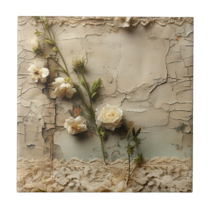 Azulejo De Cerâmica Papel Envelhecido com Motivo de Flor Rústica Branc