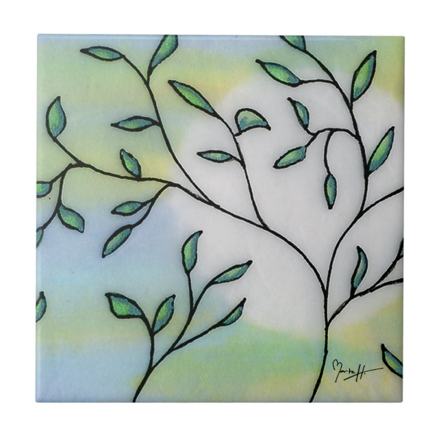 Azulejo De Cerâmica Papel pintado do Mulberry mergulhado com folhas (Frente)