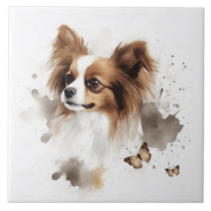 Azulejo De Cerâmica Papillon Dog Watercolor com borboletas