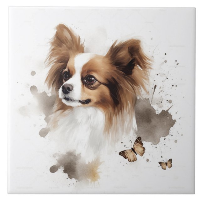 Azulejo De Cerâmica Papillon Dog Watercolor com borboletas (Frente)