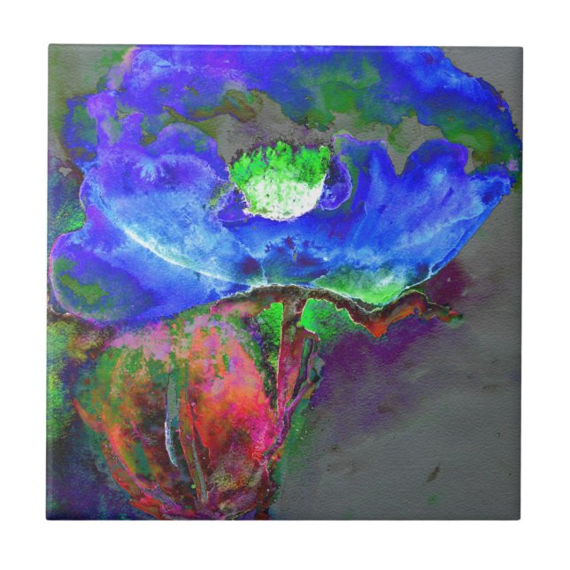 Azulejo De Cerâmica papoila azul-abstrato floral azul-aquosa (Frente)
