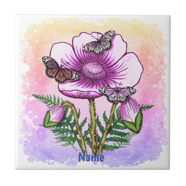 Azulejo De Cerâmica Papoula Rosa Borboleta (Frente)