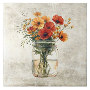 Azulejo De Cerâmica Papoulas Florais Rústicas em Jar Vintage