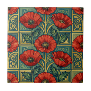 Azulejo De Cerâmica Papoulas geométricas em vermelho dourado de Willia