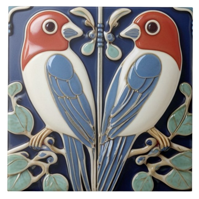 Azulejo De Cerâmica Par Azul Vermelho - Art Nouveau Art Deco Birds (Frente)